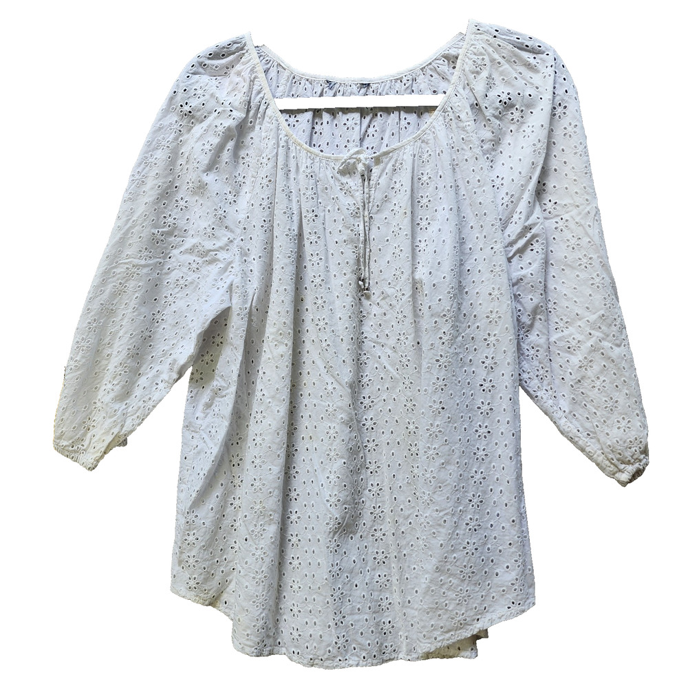 Woman’s Tie Neck Puff Sleeve Top White Cotton Size Medium